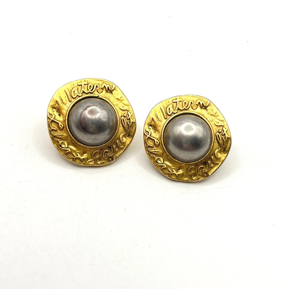 Vintage Liz Claiborne LCI Gold Tone Grey Cabochon Script Statement Stud Earrings